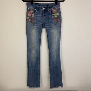 Grace Womens Floral Embroidered Low Rise Raw Hem Bootcut Medium Wash Jeans 26
